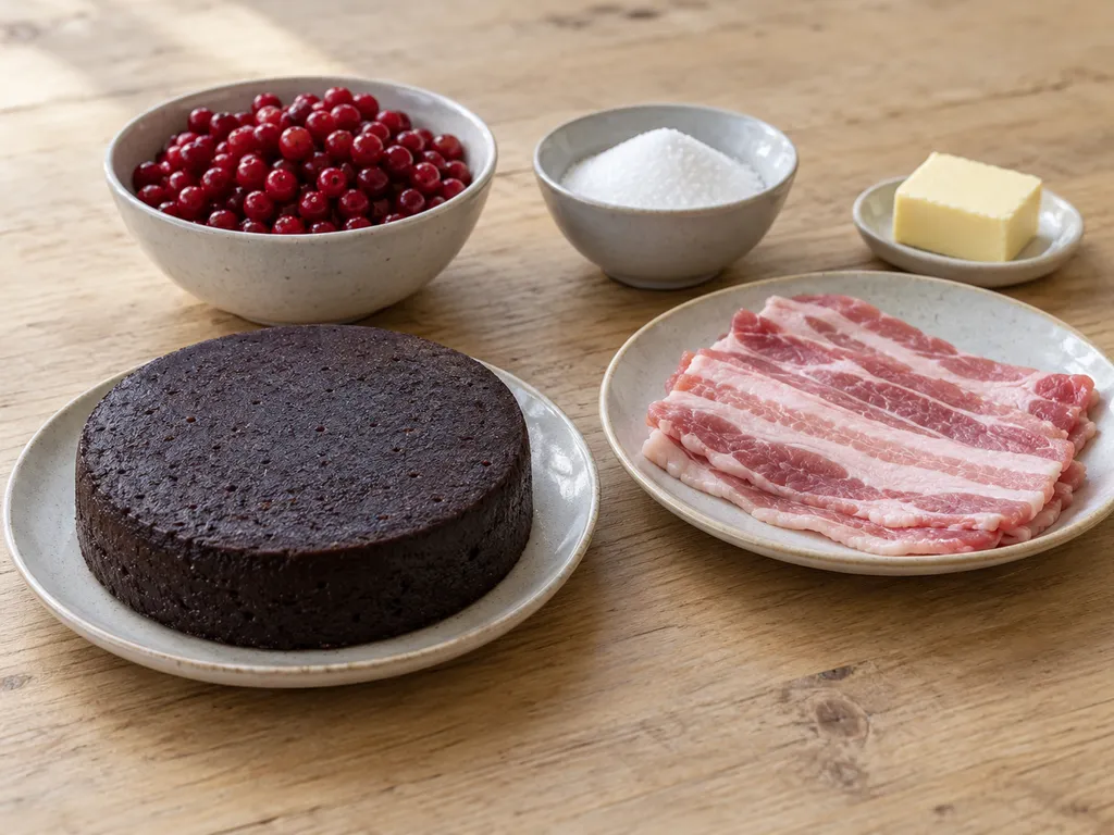 Blodpudding, rimmat sidfläsk, lingon, socker och smör i separata kärl