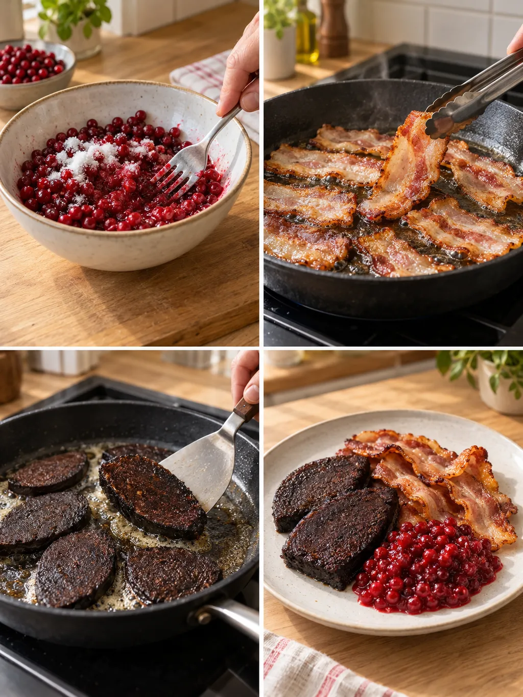 Lingon rörs, sidfläsk och blodpudding steks, och den färdiga rätten serveras