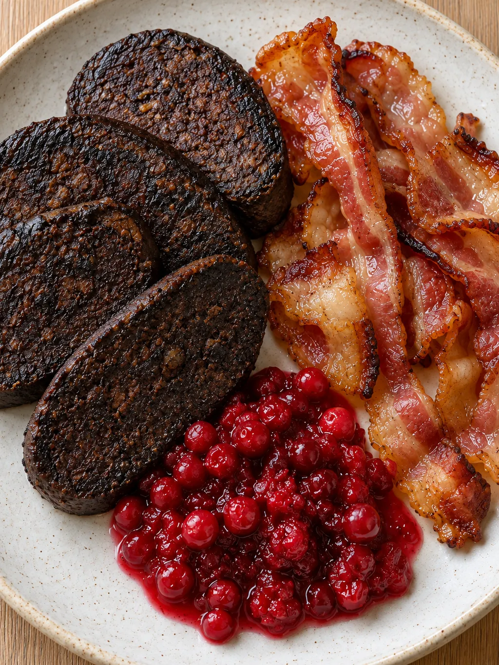 Frasig blodpudding med gyllenbrunt sidfläsk och rårörda lingon på tallrik