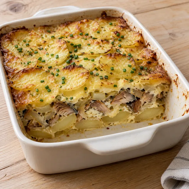 Böcklinglåda med potatisskivor, gyllene äggstanning och färsk gräslök