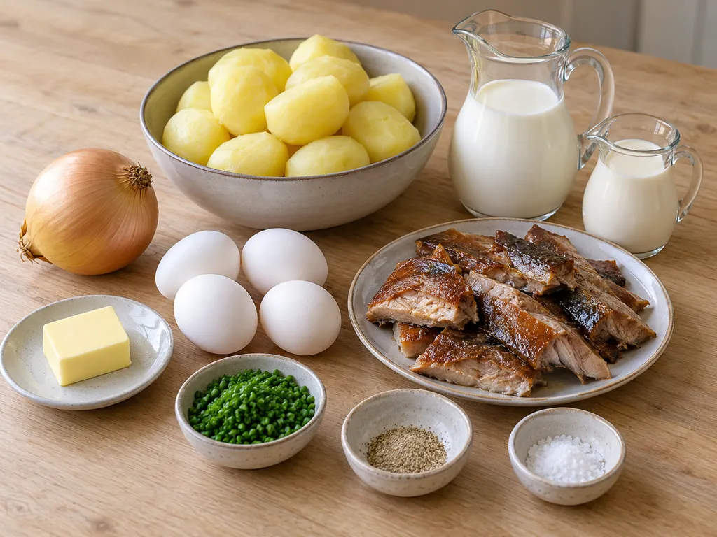 Böckling, kokt potatis, fyra ägg, lök och övriga ingredienser till böcklinglåda