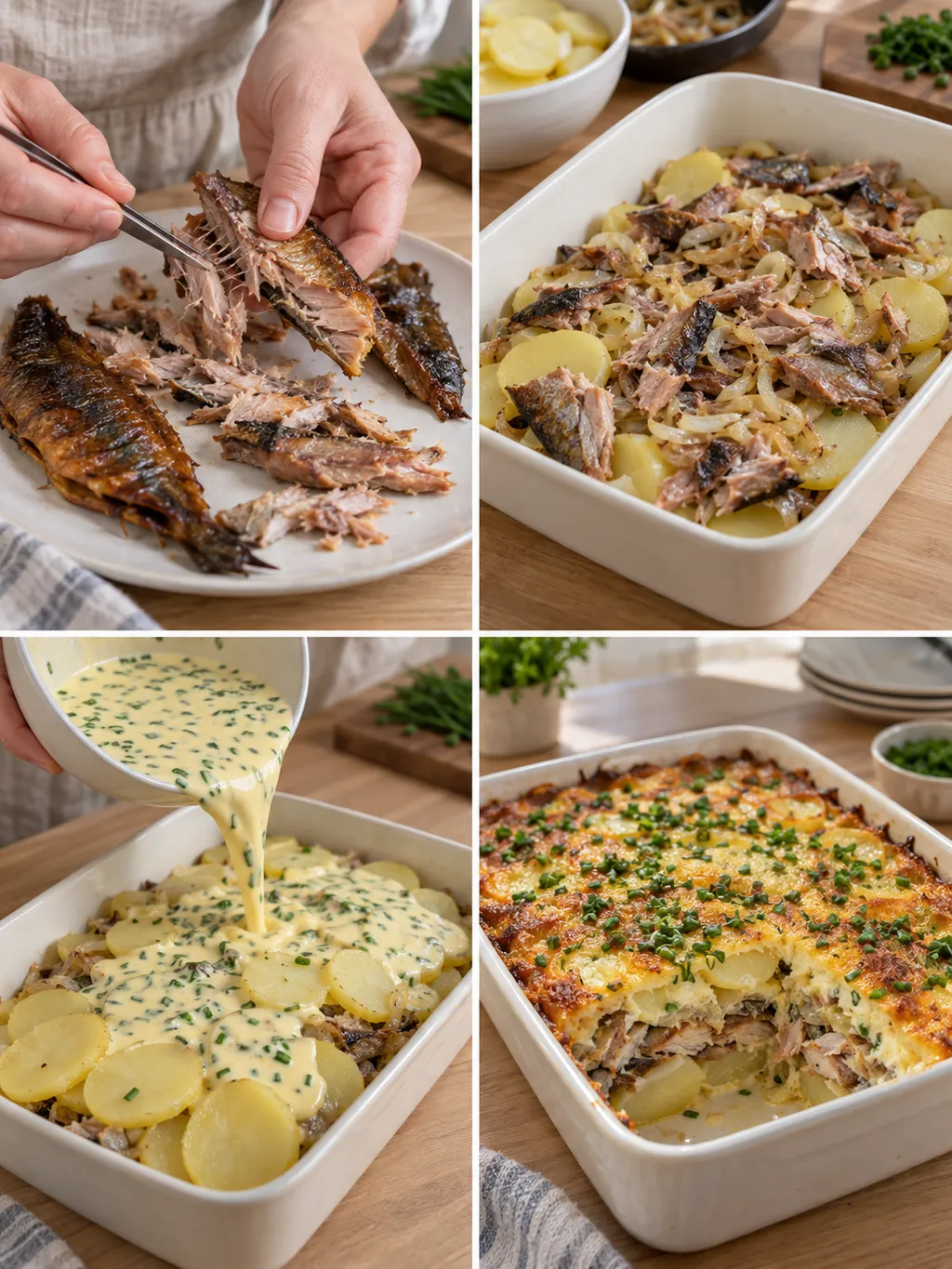 Böcklingen rensas, fyllningen varvas och äggstanningen hälls över före gräddning