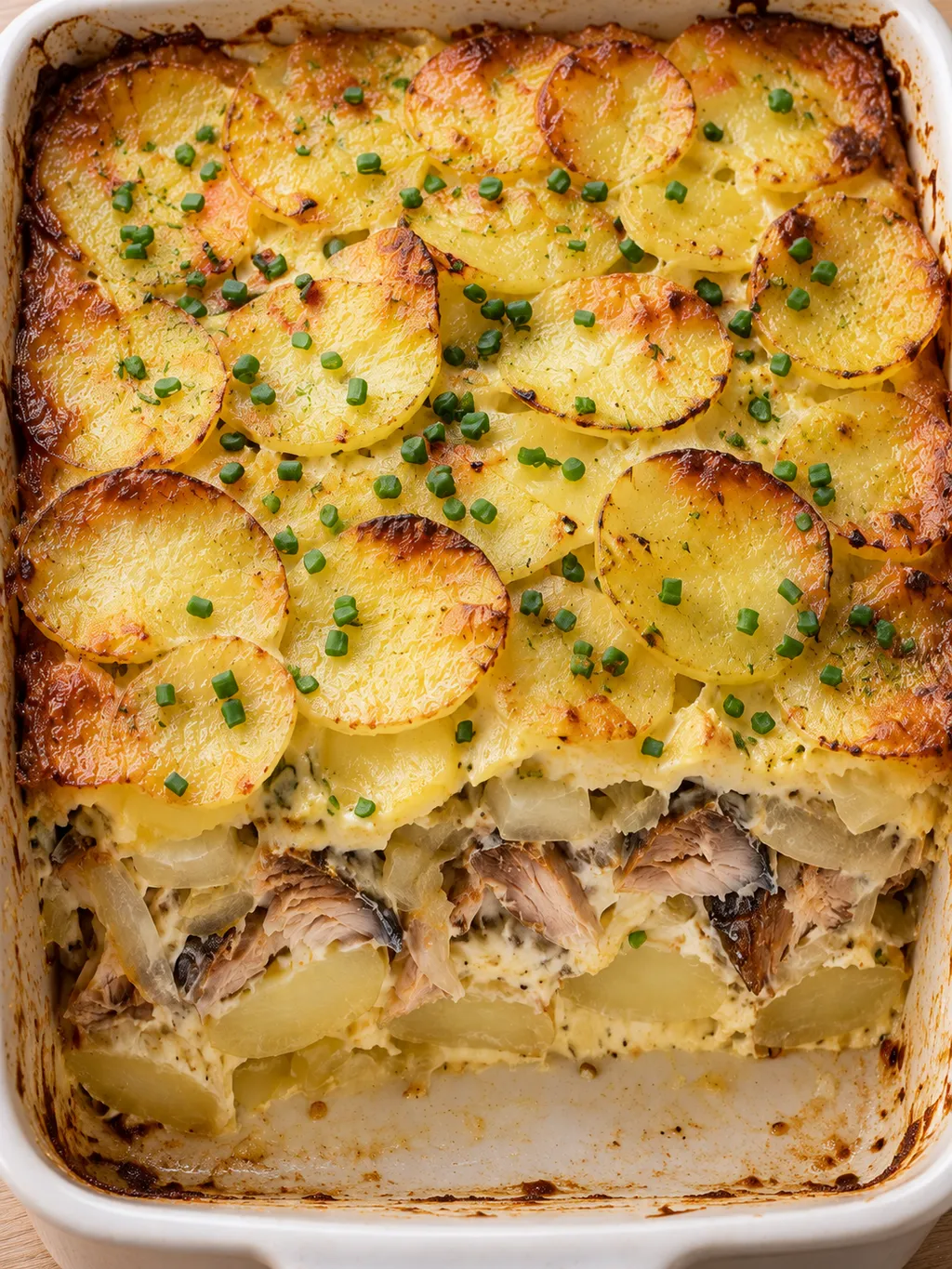 Gyllene böcklinglåda med gräslök och synliga lager av potatis, fisk och lök