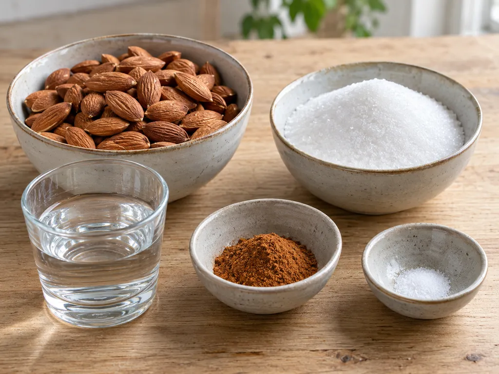 Hela mandlar, strösocker, vatten, malen kanel och salt i separata skålar