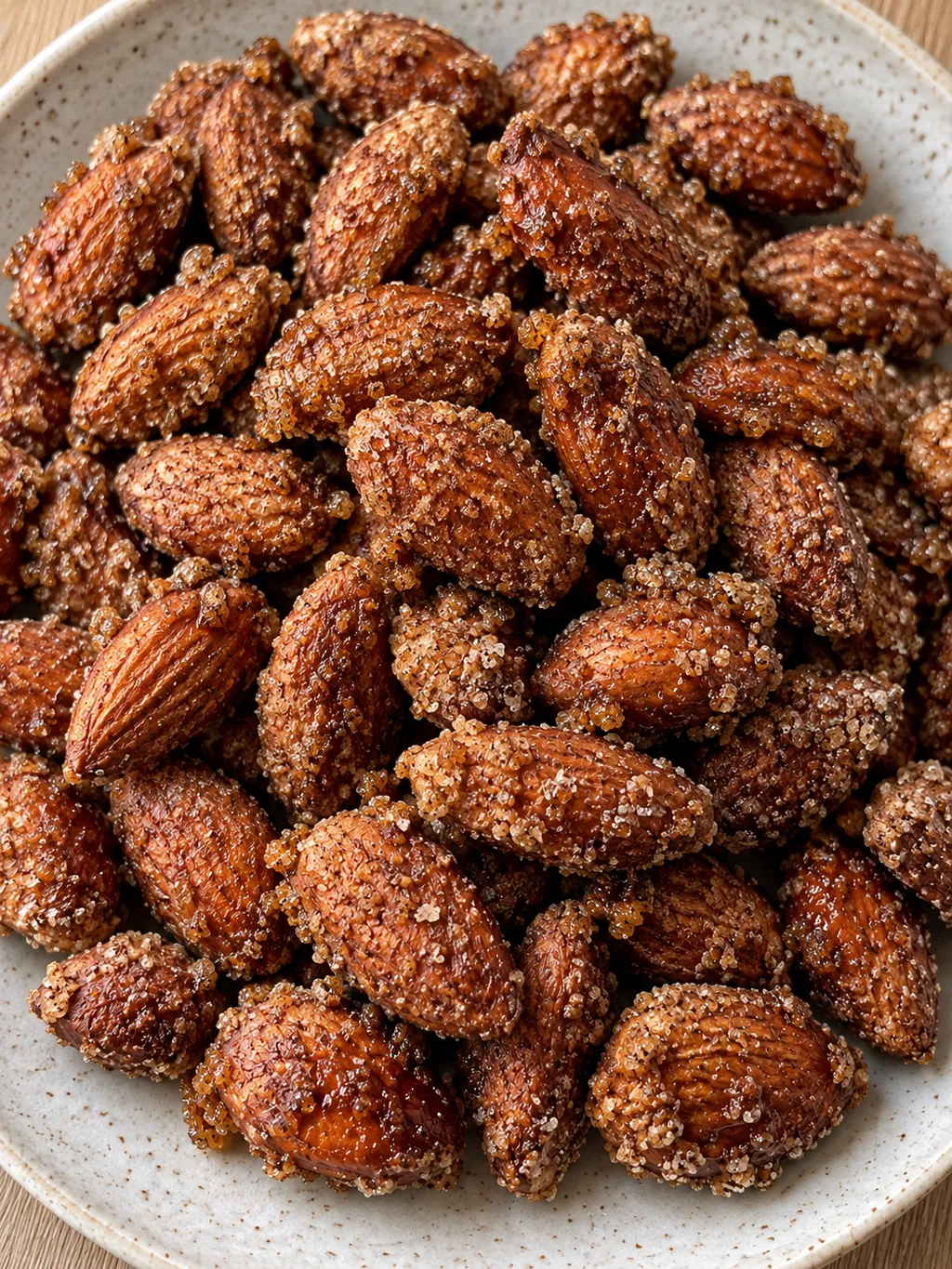 Brända mandlar med knaprigt kanelbrunt sockerhölje tätt samlade på ett fat