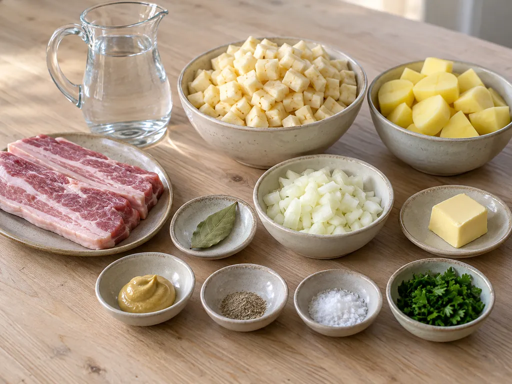 Kålrot, potatis, rimmat fläsk, lök och övriga råvaror i separata skålar