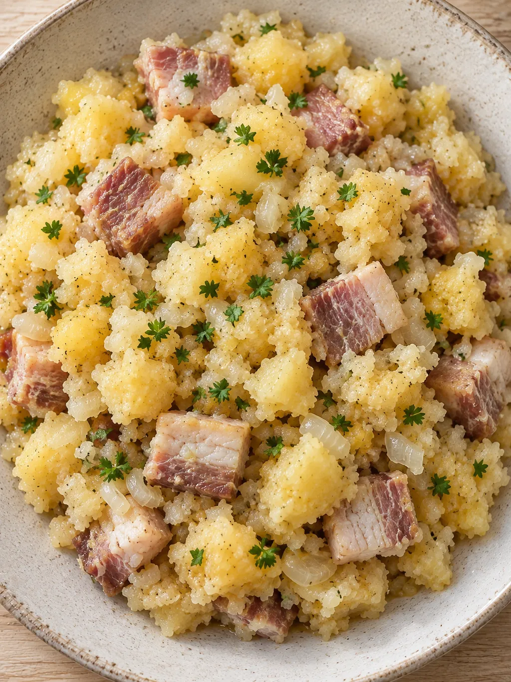 Kålrotsrätt med grovt stött potatis, mjuka fläsktärningar och persilja
