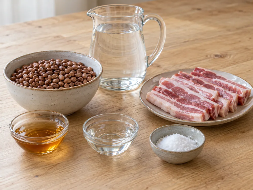 Bruna bönor, vatten, sirap, ättiksprit, salt och rått rimmat sidfläsk
