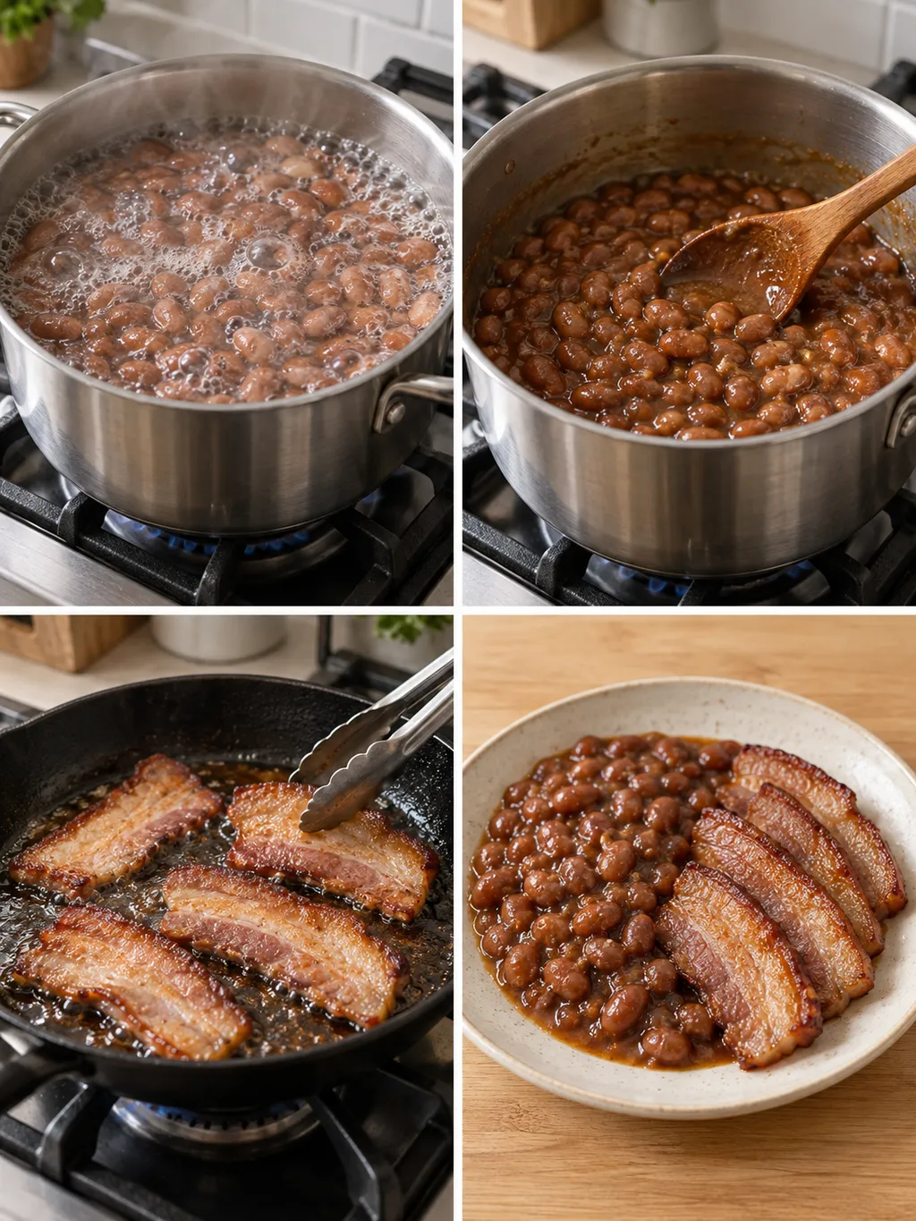 Bönor som kokas och smaksätts, fläsk som steks och den färdiga måltiden