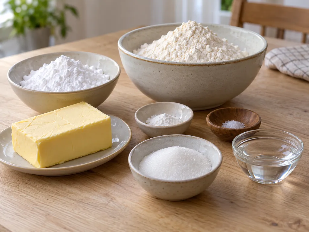 Smör, florsocker, vaniljsocker, vetemjöl, salt, strösocker och vatten till brysselkex