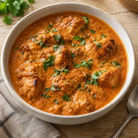 Butter chicken i krämig tomatsås med brynta kycklingbitar och färsk koriander