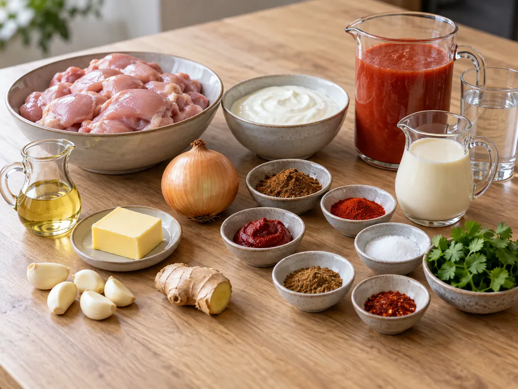 Kyckling, yoghurt, tomater, grädde, smör och kryddor till butter chicken