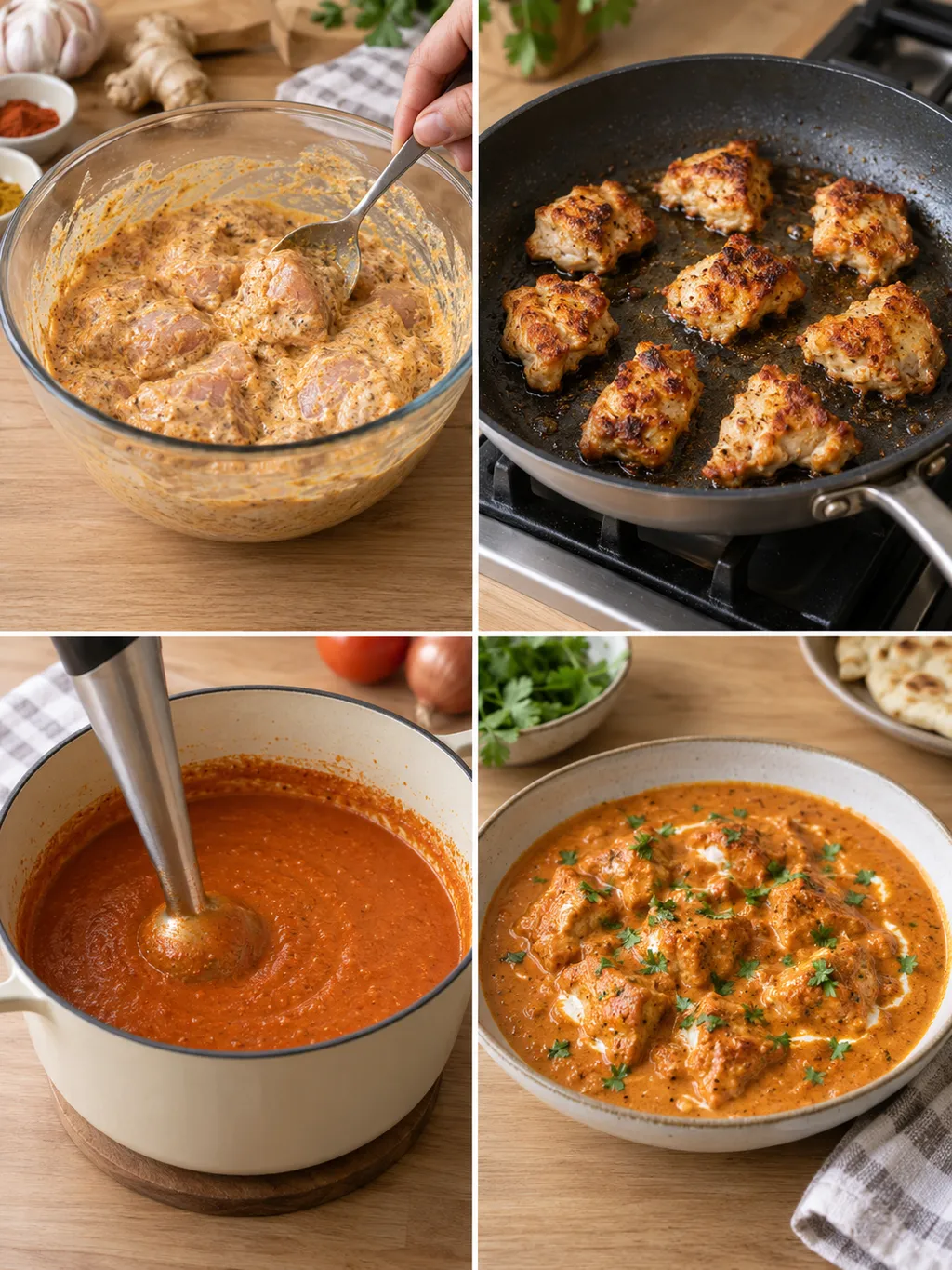Kyckling marineras och steks, tomatsås mixas och färdig butter chicken serveras