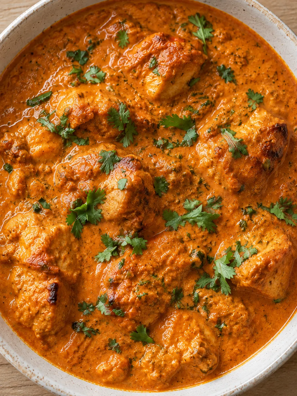 Butter chicken med orange tomatsås, grädde och hackad koriander i en ljus skål