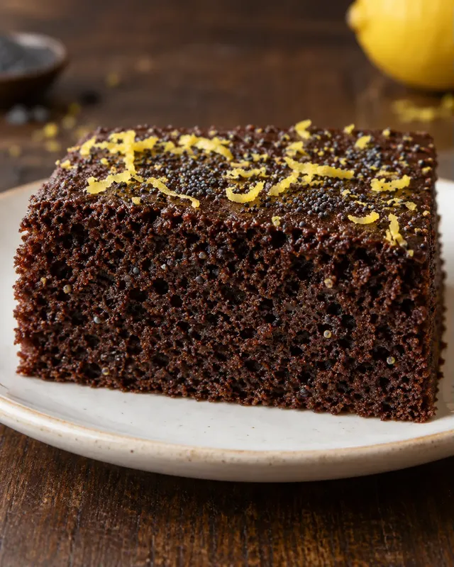 Chokladkaka i långpanna med citron och vallmofrön