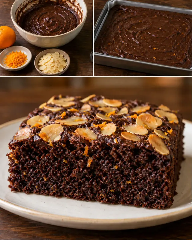 Chokladkaka i långpanna med apelsin och mandel