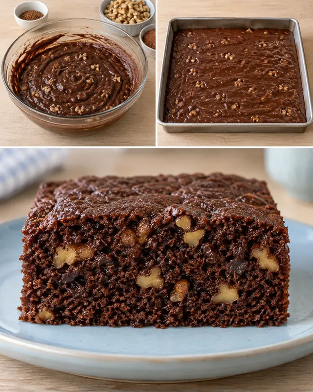 Chokladkaka i långpanna med kaffe och valnötter
