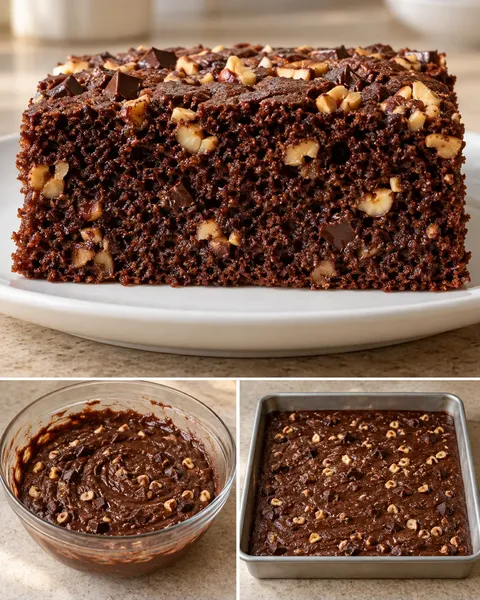 Chokladkaka i långpanna med choklad och hasselnötter