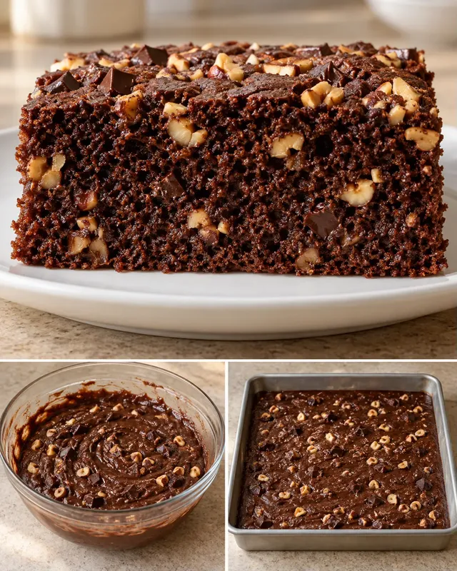 Chokladkaka i långpanna med choklad och hasselnötter