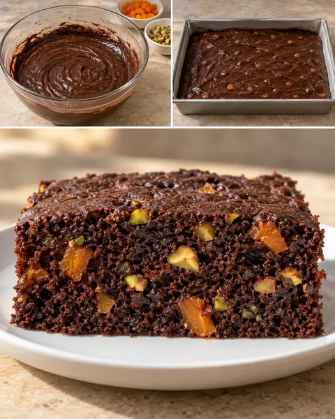 Chokladkaka i långpanna med aprikoser och pistagenötter