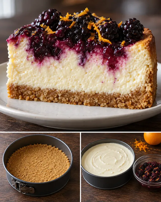 Ugnsbakad cheesecake med björnbär och apelsin
