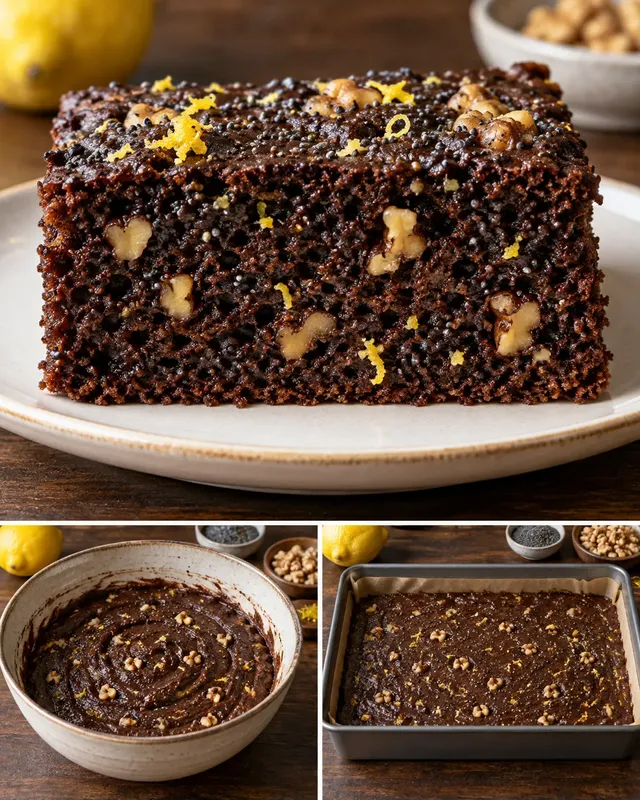 Chokladkaka i långpanna med citron och vallmofrön — valnötter