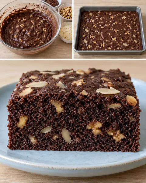 Chokladkaka i långpanna med kaffe och valnötter — mandel