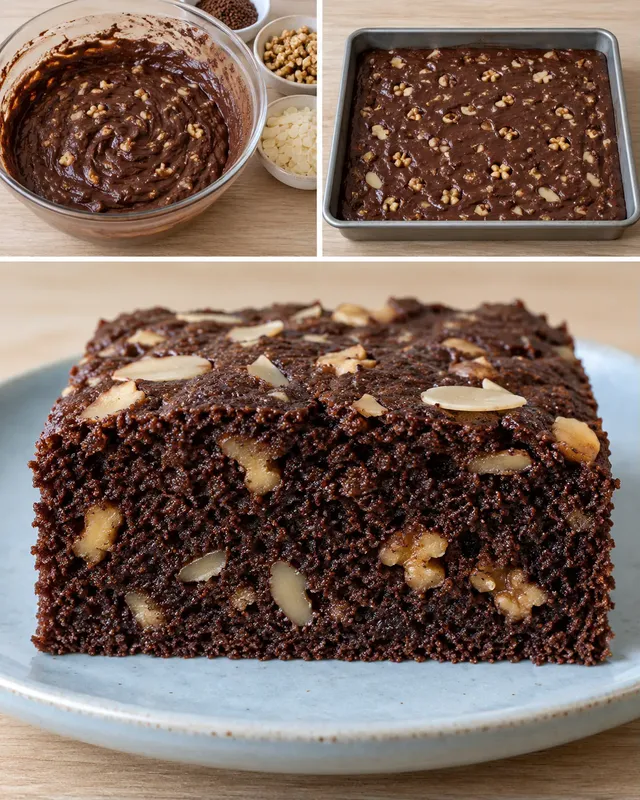 Chokladkaka i långpanna med kaffe och valnötter — mandel
