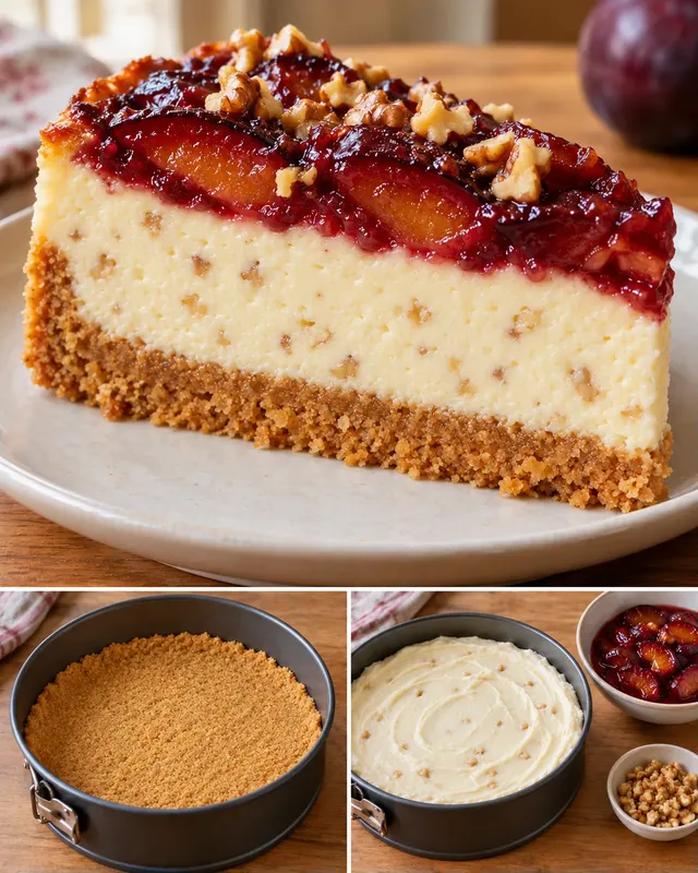 Ugnsbakad cheesecake med plommon och vanilj — valnötter