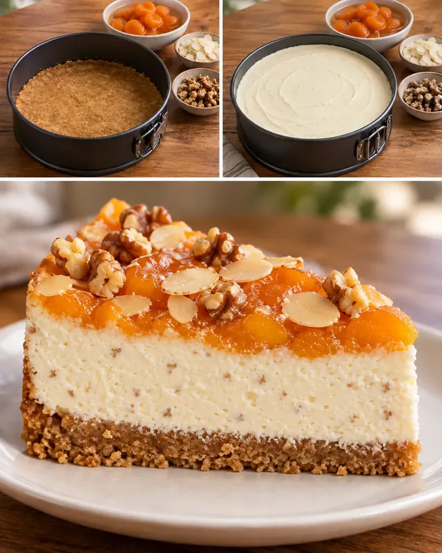 Ugnsbakad cheesecake med aprikoser och mandel — valnötter