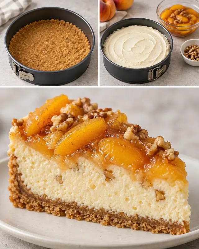 Ugnsbakad cheesecake med persikor och vanilj — valnötter
