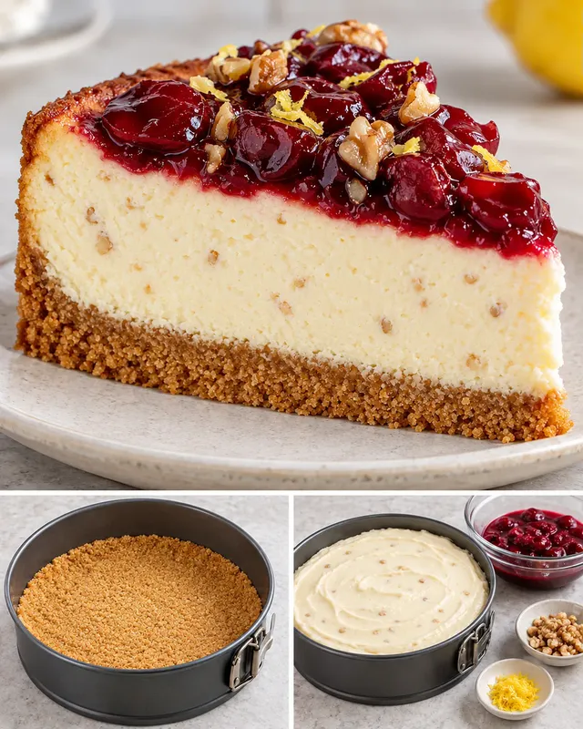 Ugnsbakad cheesecake med körsbär och citron — valnötter