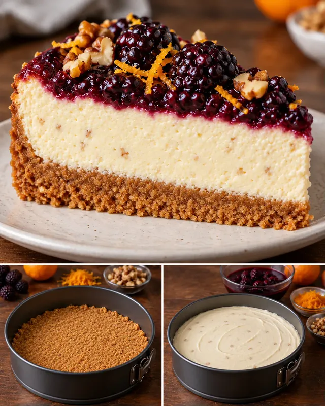 Ugnsbakad cheesecake med björnbär och apelsin — valnötter