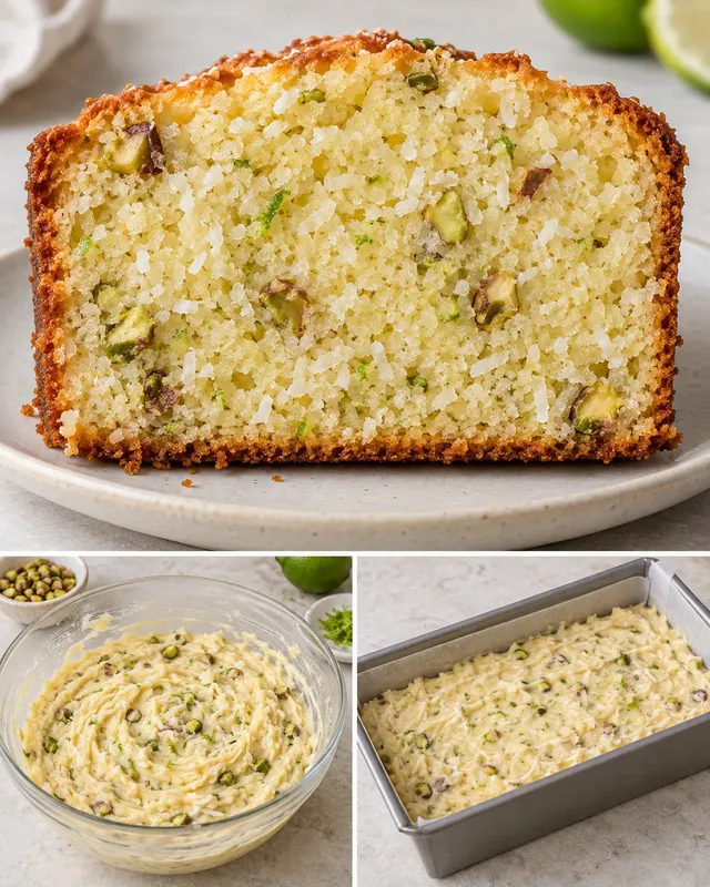 Smörkaka i avlång form med kokos och lime — pistagenötter