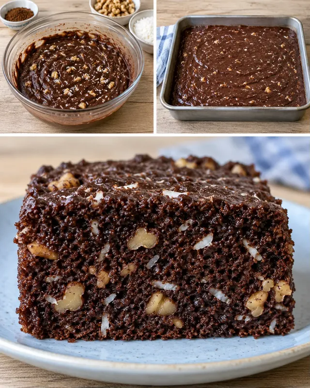 Chokladkaka i långpanna med kaffe och valnötter — kokos