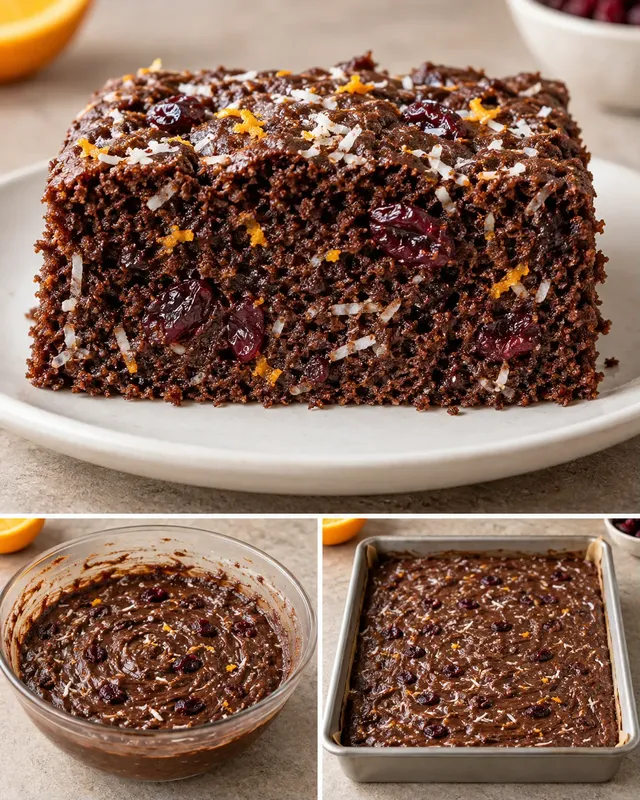 Chokladkaka i långpanna med tranbär och apelsin — kokos