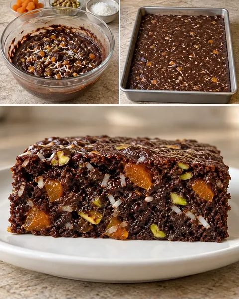 Chokladkaka i långpanna med aprikoser och pistagenötter — kokos