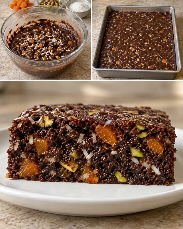 Chokladkaka i långpanna med aprikoser och pistagenötter — kokos