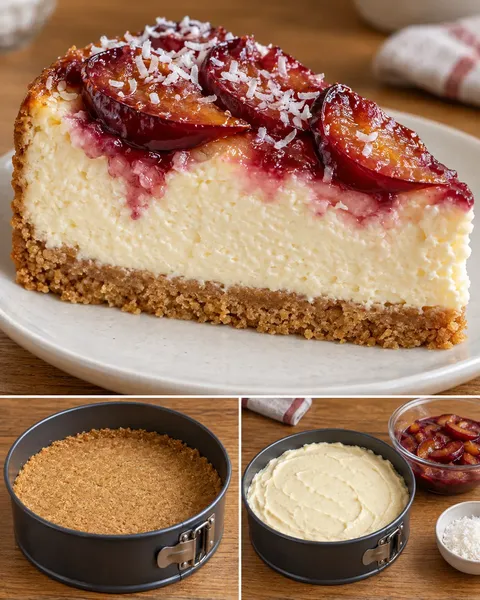 Ugnsbakad cheesecake med plommon och vanilj — kokos