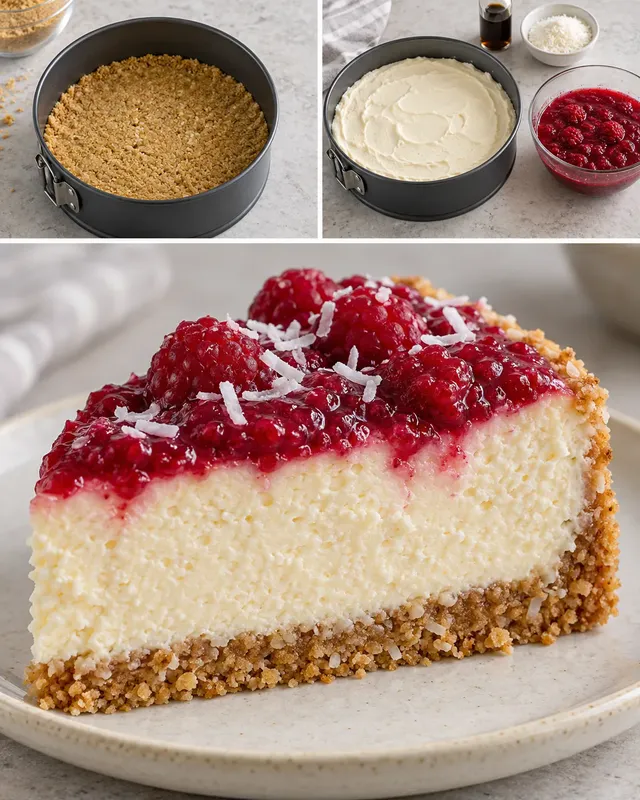 Ugnsbakad cheesecake med hallon och vanilj — kokos