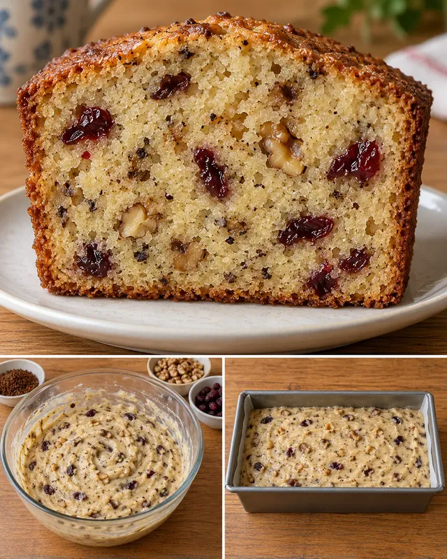 Smörkaka i avlång form med kaffe och valnötter — tranbär