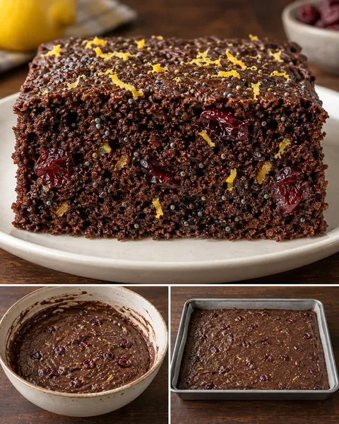 Chokladkaka i långpanna med citron och vallmofrön — tranbär