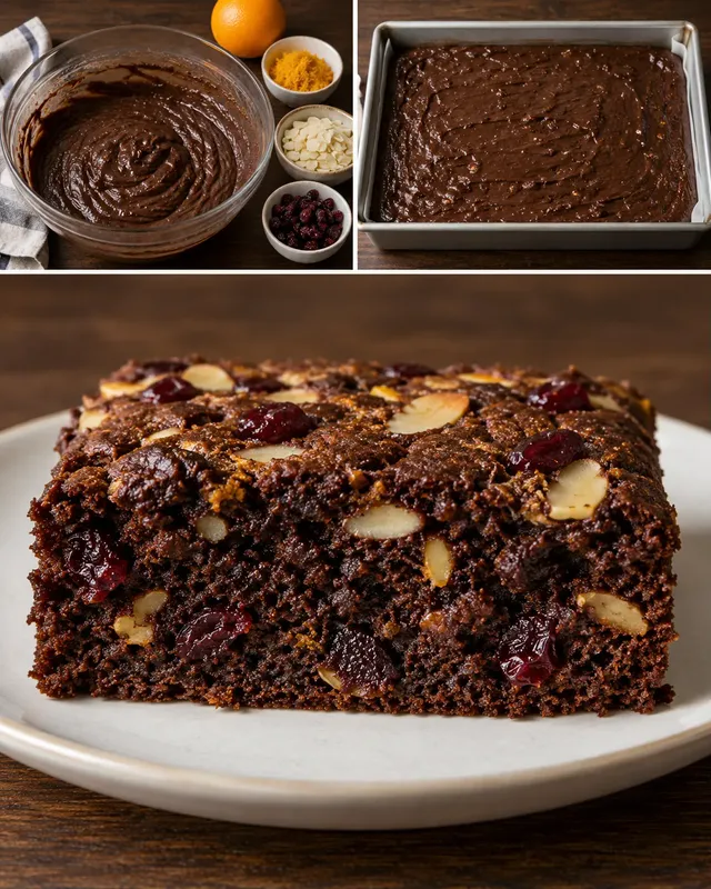 Chokladkaka i långpanna med apelsin och mandel — tranbär