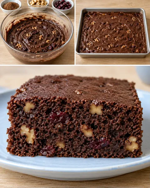 Chokladkaka i långpanna med kaffe och valnötter — tranbär
