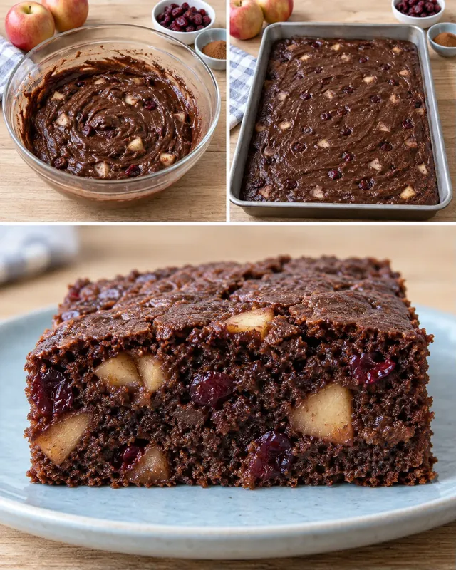 Chokladkaka i långpanna med kanel och äpple — tranbär
