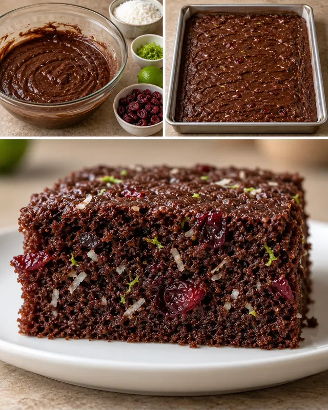 Chokladkaka i långpanna med kokos och lime — tranbär