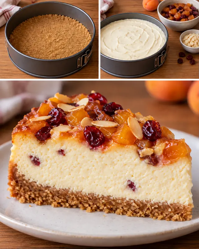 Ugnsbakad cheesecake med aprikoser och mandel — tranbär