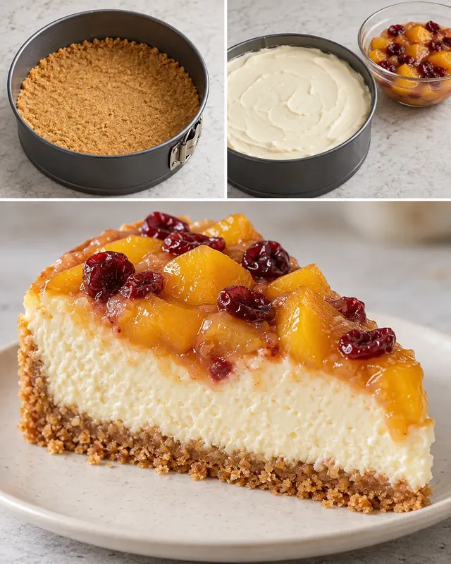 Ugnsbakad cheesecake med persikor och vanilj — tranbär