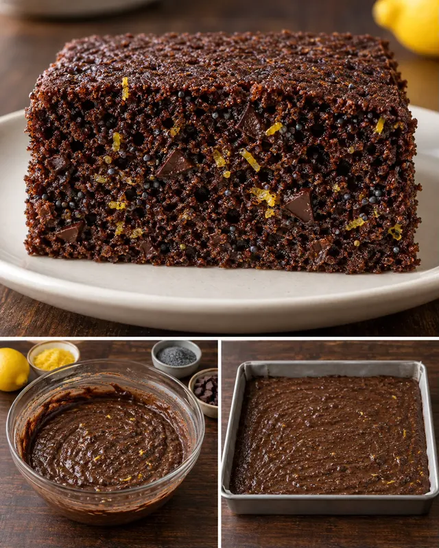 Chokladkaka i långpanna med citron och vallmofrön — mörk choklad