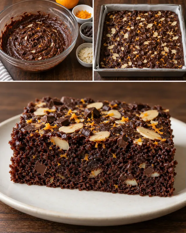 Chokladkaka i långpanna med apelsin och mandel — mörk choklad